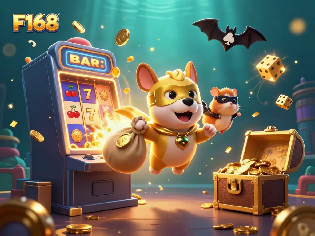 F168 superhero dog and hamster celebrate casino winnings amidst vibrant slot machine explosion.