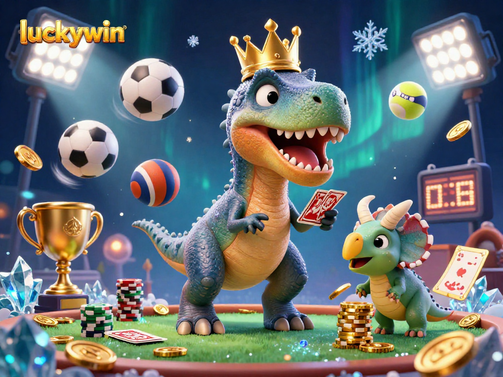Join the excitement with luckywin as the T-Rex deals cards amidst flying sports elements and golden chips.