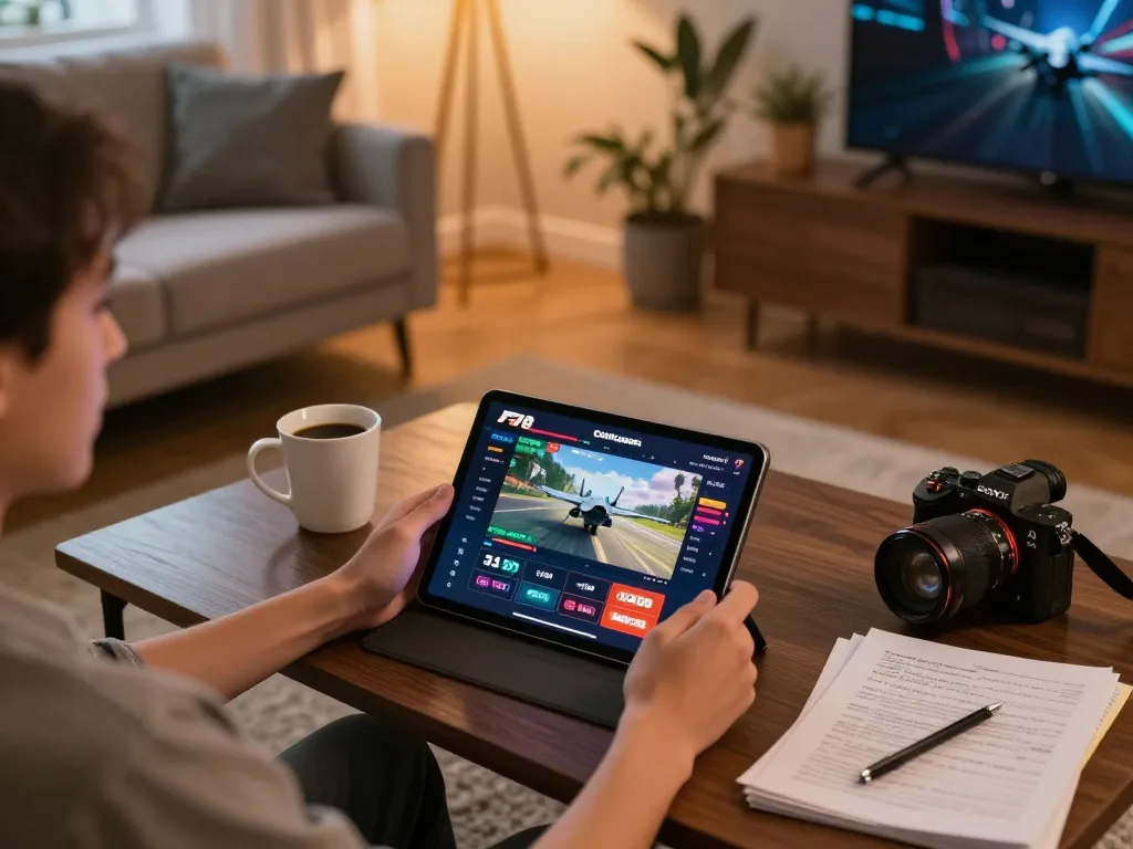 Engaging with F168 com on a tablet in a cozy living room for online casino gaming
