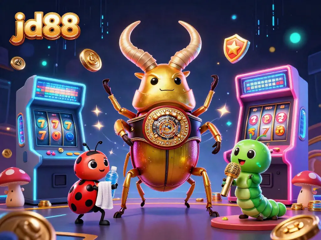 Engage with jd88's exciting jackpot experience featuring a boxing stag beetle and vibrant game elements.