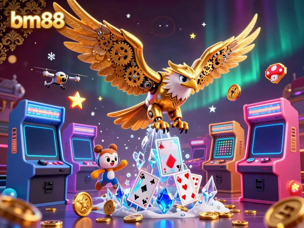 Experience the dynamic world of bm88 through a 3D casino illustration filled with game elements, vibrant colors, and excitement.