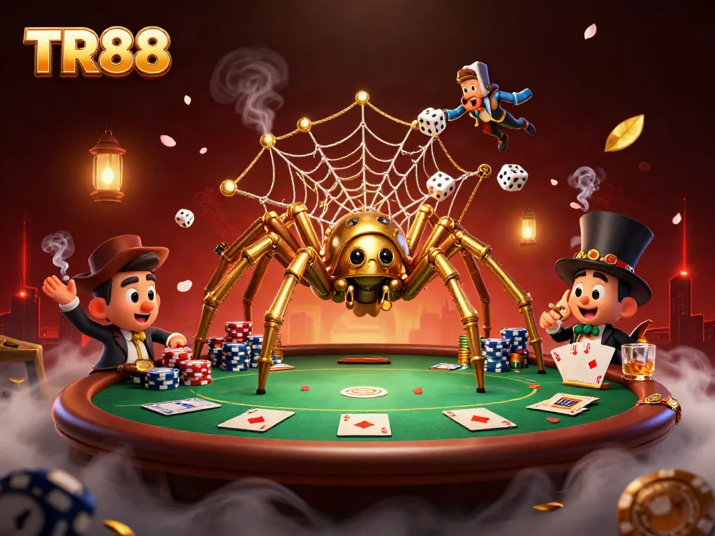 Win big with TR88 in a captivating casino atmosphere featuring a golden spider web and poker elements.