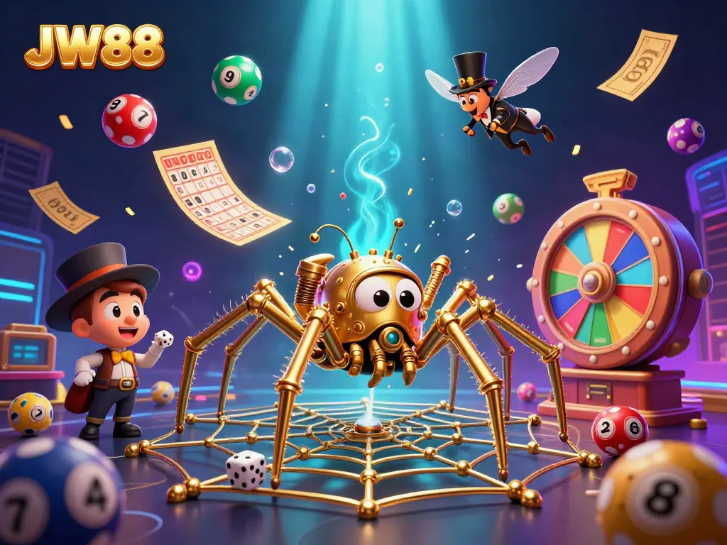 Catch winning dice in JW88's captivating casino web spun by a steampunk spider amidst a lively lottery scene.
