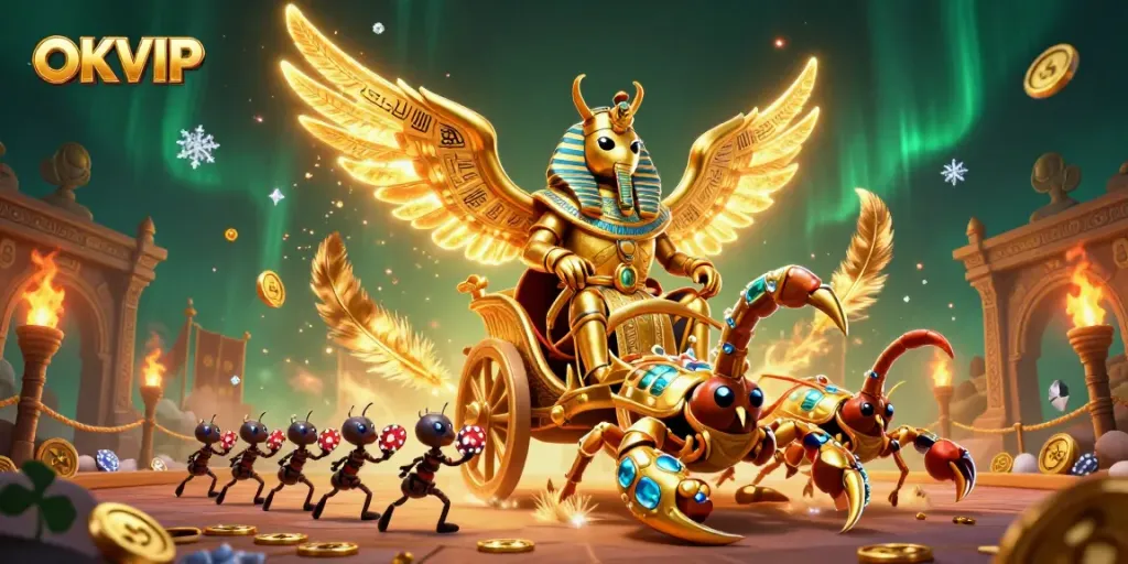 Engage in thrilling gaming adventures with OKVIP, featuring ornate characters and dynamic casino elements.