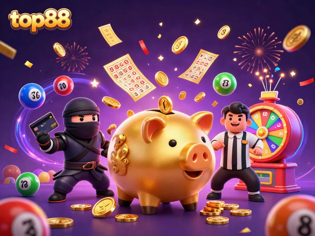 Engaging top88 casino scene featuring a golden piggy bank, wallet-ninja, and credit-card samurai in action.