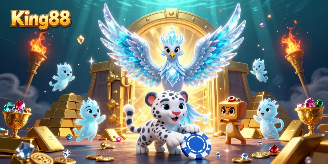 Experience King88's dazzling 3D casino dreamscape with an ice phoenix, treasure, and vibrant gameplay.