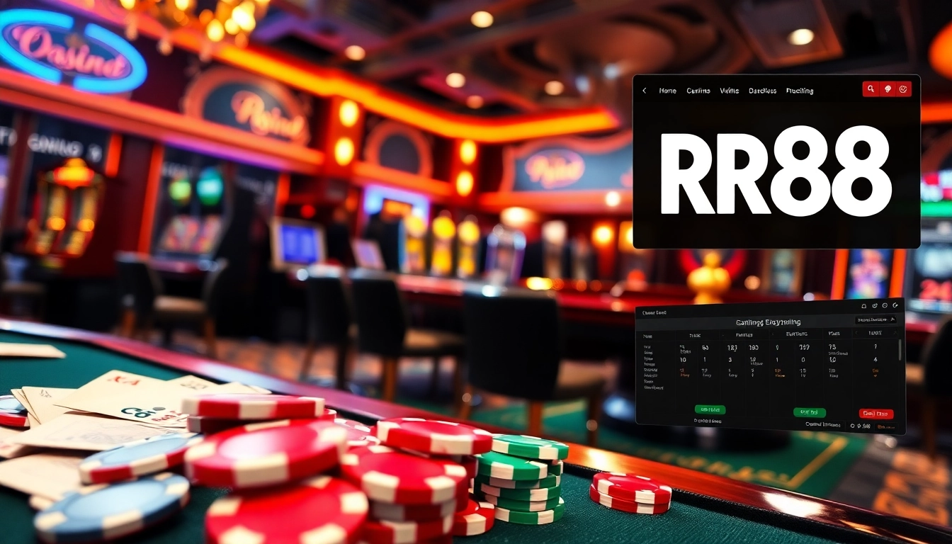 RR88 gambling excitement captured with vibrant poker chips and a spinning roulette wheel.