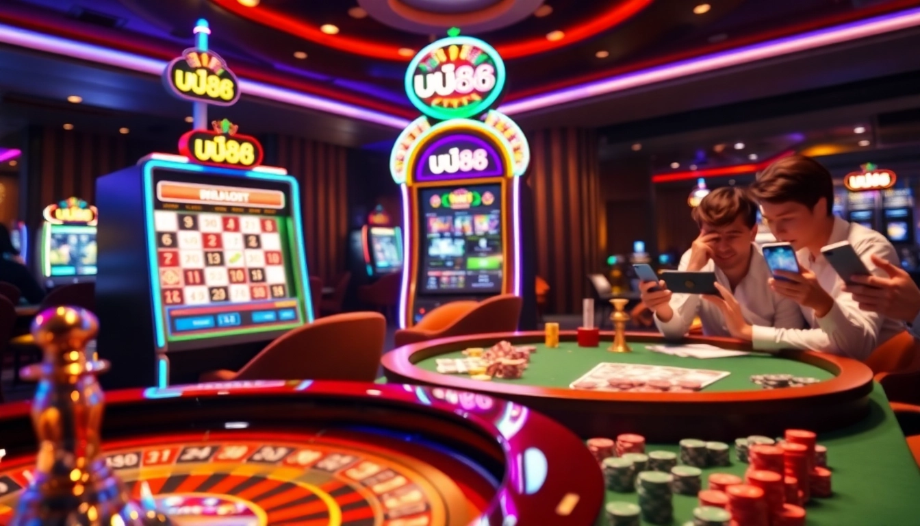 Play at uu88's exciting slot machine surrounded by vibrant casino vibes.