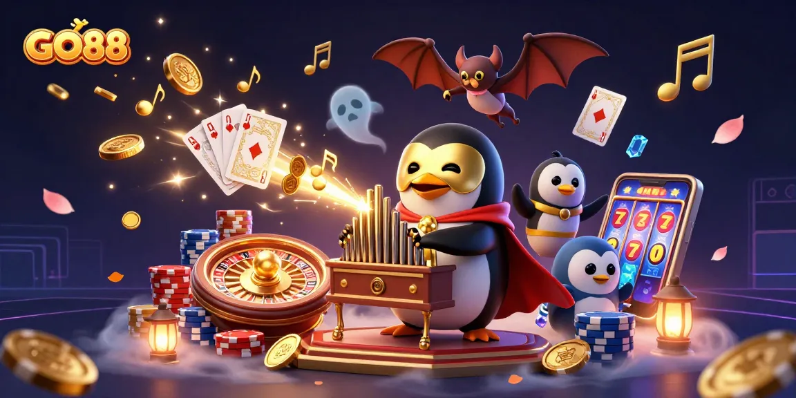 Experience the excitement of GO88 with golden coins cascading from a magical organ in this vibrant casino scene.