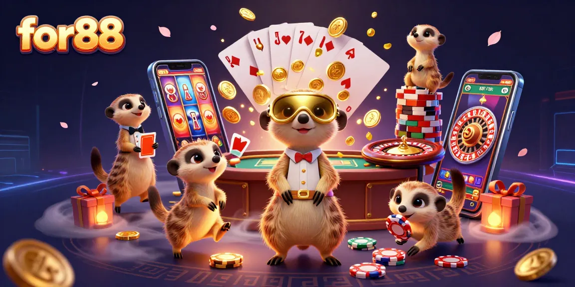 Experience fun and excitement at for88's vibrant casino illustrated with meerkats running the game.