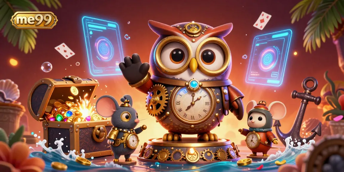 Experience the vibrant gaming excitement at me99 with a fantastical casino scene featuring an owl and mouse.
