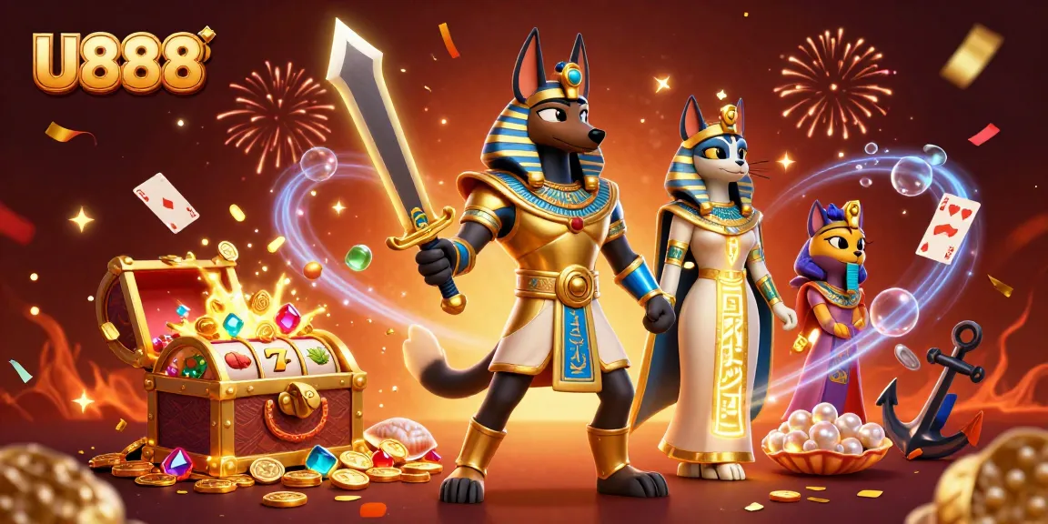 Experience thrilling gaming action with U888's vibrant Egyptian-themed casino illustration.