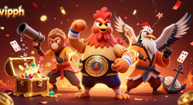 Engage with vipph's vibrant scene featuring martial artist characters amidst gold coins and playing cards.