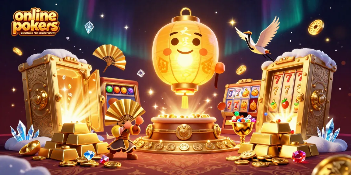 Experience online pokies Australia real money PayID with a vibrant casino illustration featuring golden lanterns and treasures.