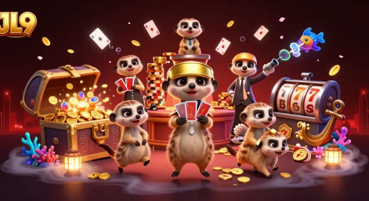 JL9 meerkats showcase a vibrant casino scene with dynamic gaming elements and treasures.