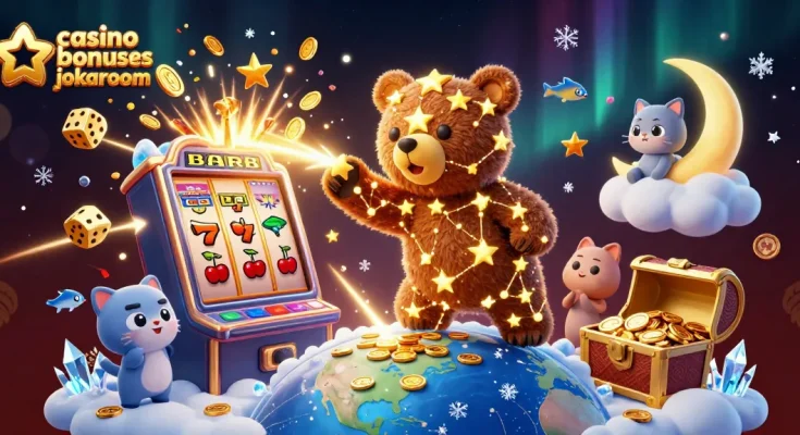 Experience casino bonuses jokaroom with an enchanting 3D illustration of a golden bear, slot machines, and shiny coins!