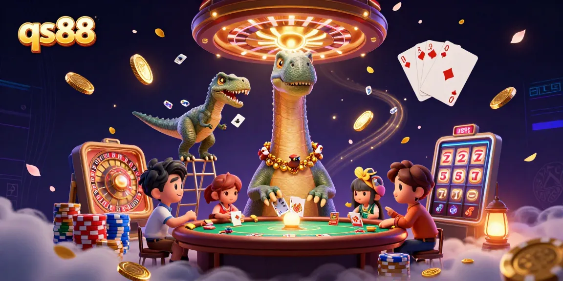 Engage with qs88's thrilling gaming world featuring a giant brontosaurus at a poker table.