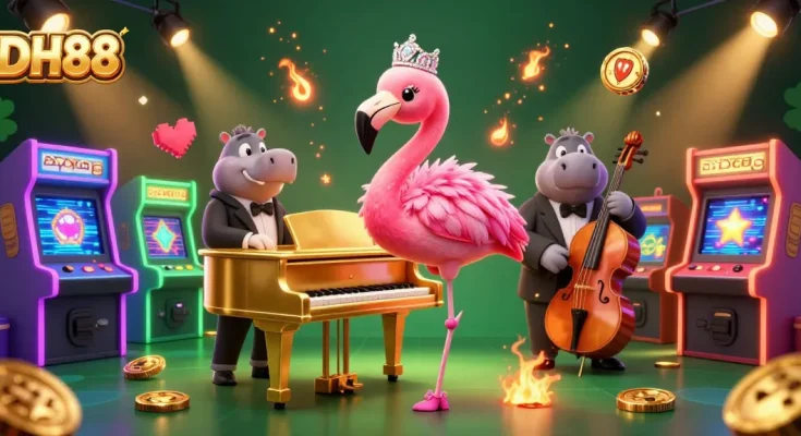 Experience excitement at DH88 with a vibrant casino scene featuring a flamingo singer and hippo bassist.