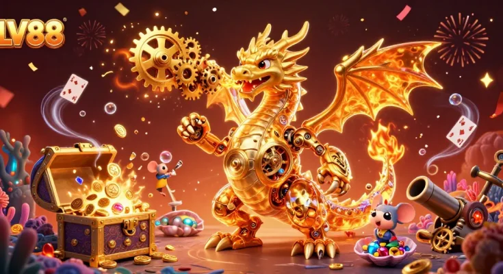 Engage with LV88's thrilling gameplay as a golden dragon breathes gears amidst treasure-filled adventures.
