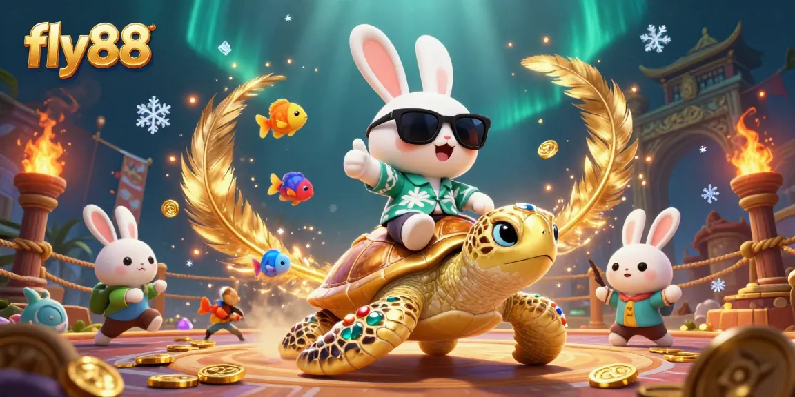 Experience fly88 excitement with a lucky rabbit and golden turtle in an underwater casino adventure.