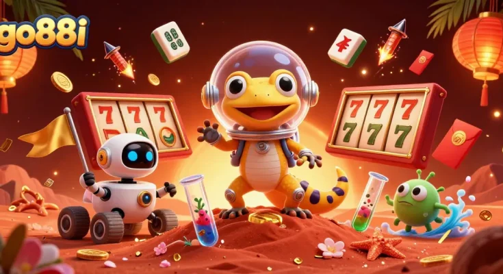 Experience the thrill of go88i with a Martian gecko discovering a golden casino on Mars.