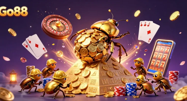 Engage with Go88, where a golden dung beetle rolls coins amidst a vibrant casino scene.