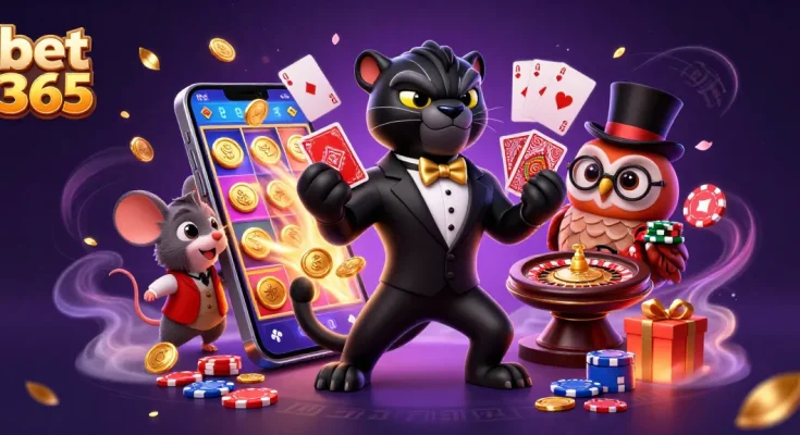 Experience the excitement of bet 365 with a stylish panther, owl, and lucky mouse in a vibrant casino scene.