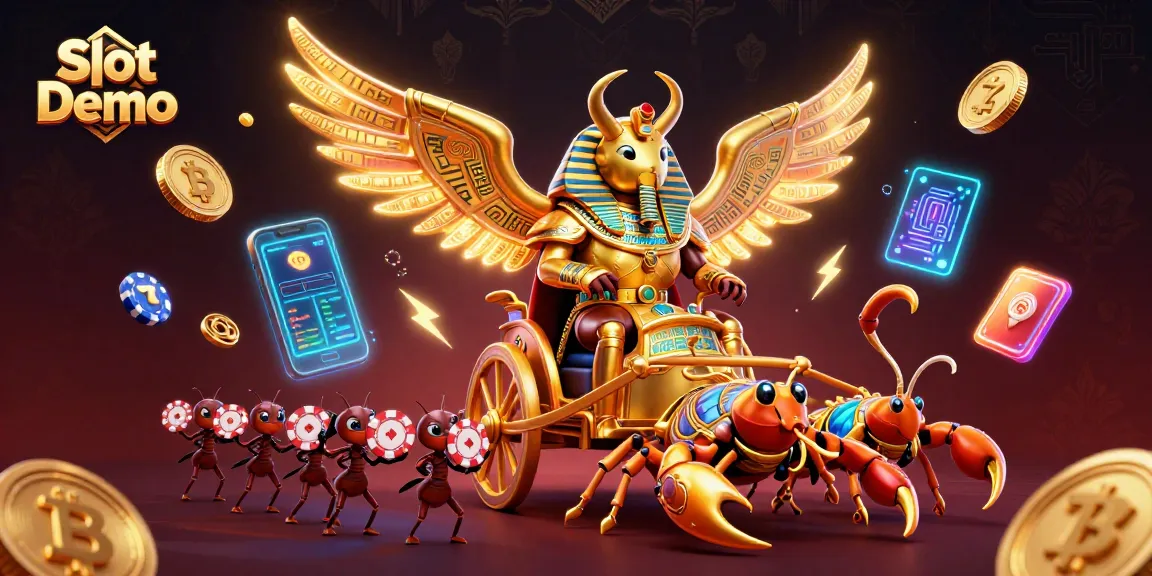 Engage in the thrill of Slot Demo with a vibrant 3D scene of a colossal golden scarab and scorpions surrounded by dynamic game elements.