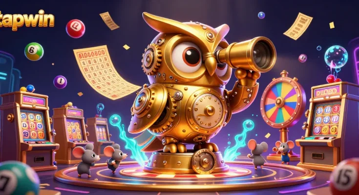 Experience tapwin in a vibrant casino scene with a golden owl and lively gaming elements.
