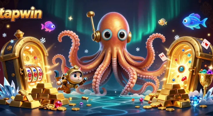 Engage with tapwin's thrilling gaming experience featuring a kraken, diving cat, and deep-sea creatures in a treasure-laden scene.