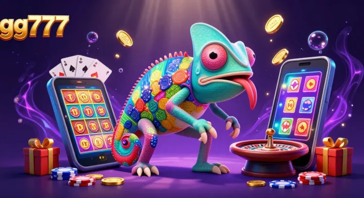 gg777 chameleon casino owner snatches golden coins, surrounded by vibrant gaming elements and rich atmosphere