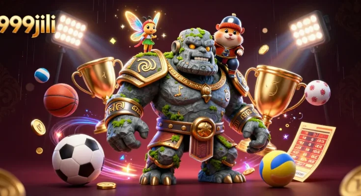 Engage with thrilling games on 999jili, featuring a lively scene with characters and dynamic sports elements.