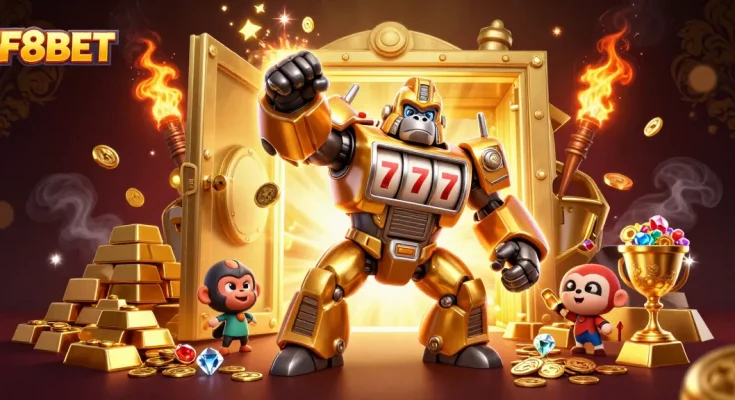 Engage with F8BET's thrilling casino games, highlighted by a golden gorilla mech and rich treasures.