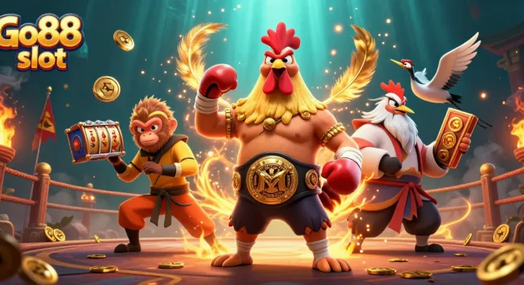 Play the thrilling Go88 slot and experience an energetic scene with vibrant characters and dynamic casino elements.