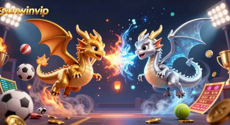 Engage with thrilling dynamics of sunwinvip, featuring twin dragons amidst vibrant sports elements.