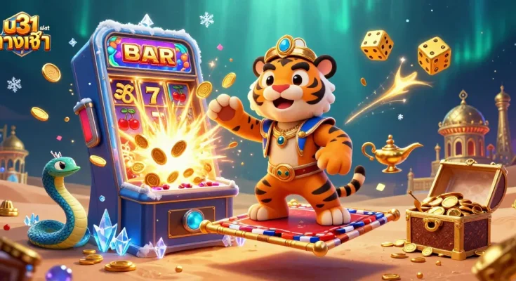 เล่นเกม u31 slot ทางเข้า โดยมีเสือสุลต่านและเครื่องสล็อตระเบิดแจ็คพอตในภาพ 3D