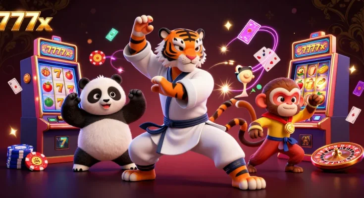 Experience the thrill of 777x as colorful slot machines and playful characters unite in this vibrant casino illustration.