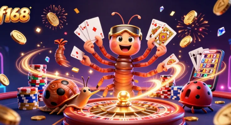 Experience the excitement of f168 with a vibrant 3D casino scene featuring a millipede dealer and high-roller snail.
