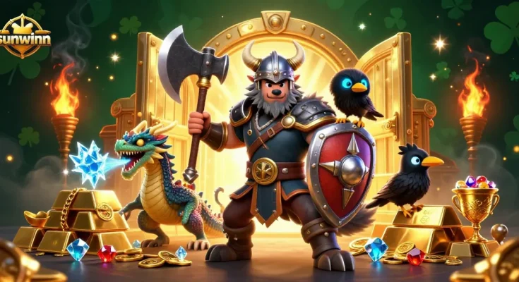 Win big with sunwinn and legendary heroes surrounded by treasure, gold, and exciting game elements.