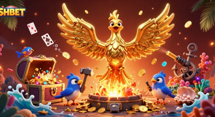 SHBET showcases a majestic molten golden phoenix amidst a treasure-filled underwater scene, celebrating online gaming.