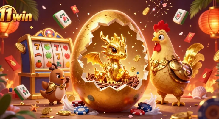 Experience the thrill of winning at 11 win casino with a gleaming golden dragon and spinning slots.