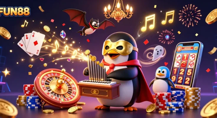 Engage in exciting gameplay with FUN88's vibrant casino elements featuring a cartoon penguin and golden coins.