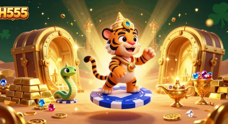 Experience H555 with a vibrant Arabian-themed illustration showcasing a tiger sultan and gold treasures.