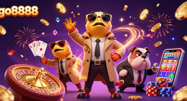 Go8888 thrills as raptors sneak into a VIP casino, surrounded by jackpot elements.